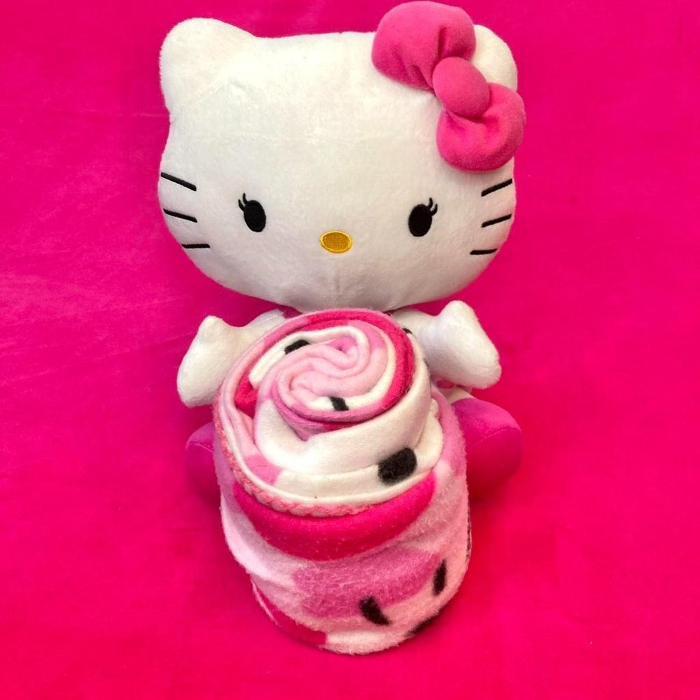 2000s Sanrio Hello Kitty Fuzzy Blanket Throw & Hello Kitty Plush Doll Set